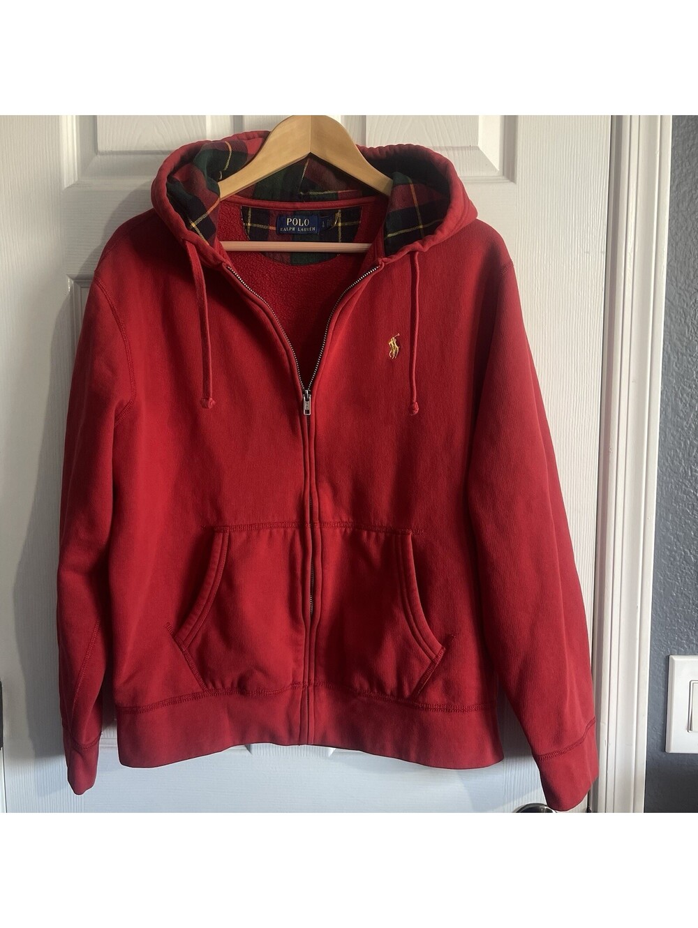 Polo Ralph Lauren L Red Full Zip Hoodie Plaid Lined Hood Gold Pony Sweatshirt